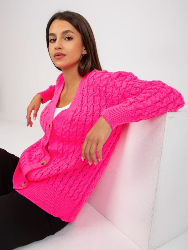 Großhandel Neonpinke durchbrochene Strickjacke mit Zöpfen RUE PARIS