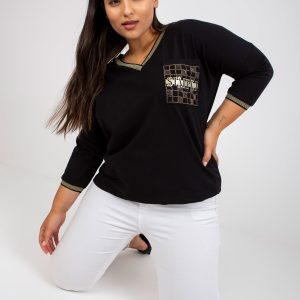 Großhandel Schwarze lässige Plus -Size-Bluse mit Strass-Applikation