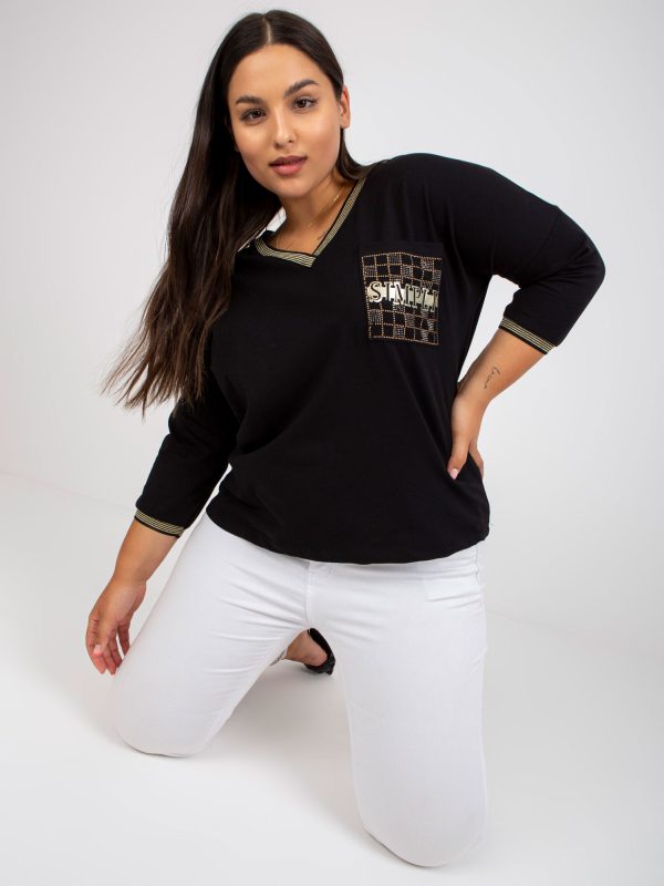 Großhandel Schwarze lässige Plus -Size-Bluse mit Strass-Applikation