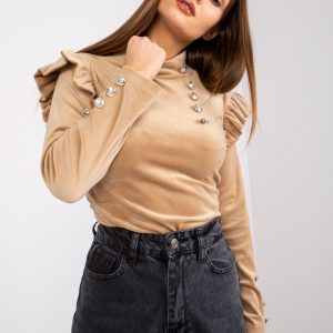 Großhandel Dunkelbeige Velours-Bluse mit langen Ärmeln Capri