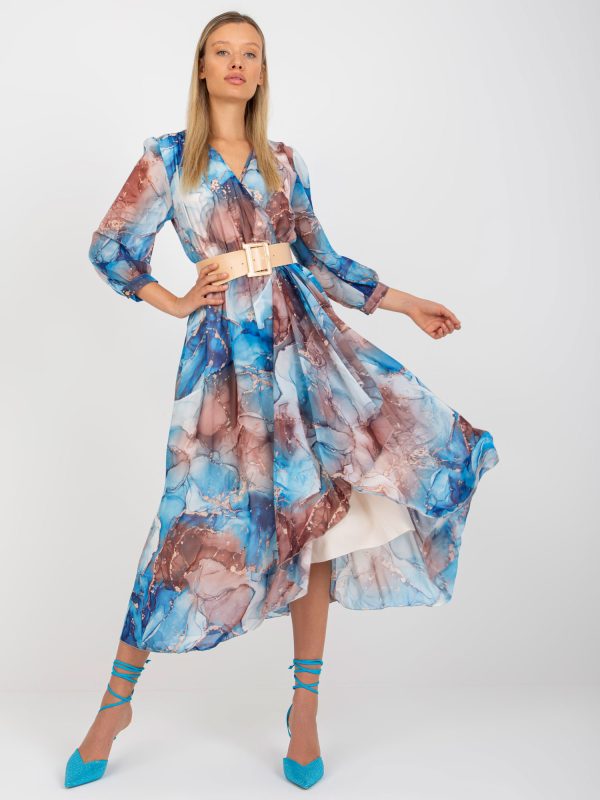 Großhandel Blau-braunes Kleid mit Prints und breitem Gürtel Janesville