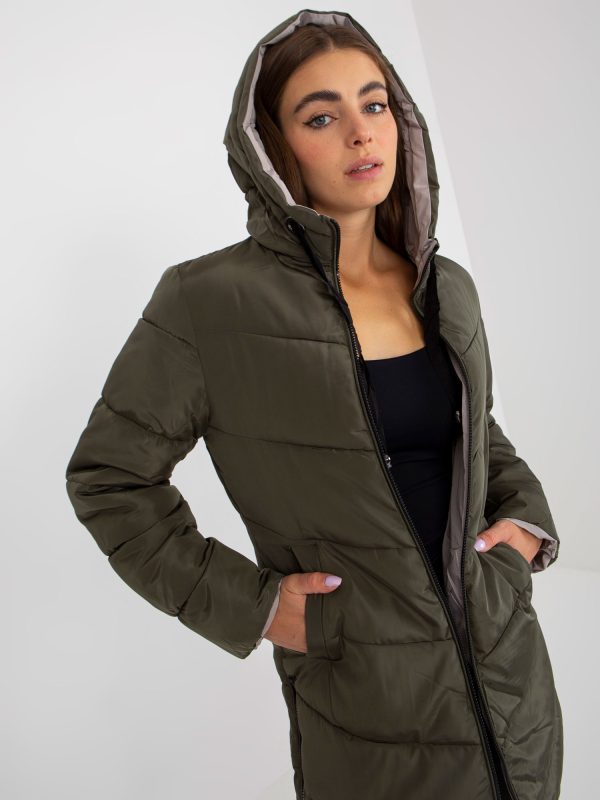 Großhandel Khaki-Beige doppelseitige Winterjacke mit Steppung