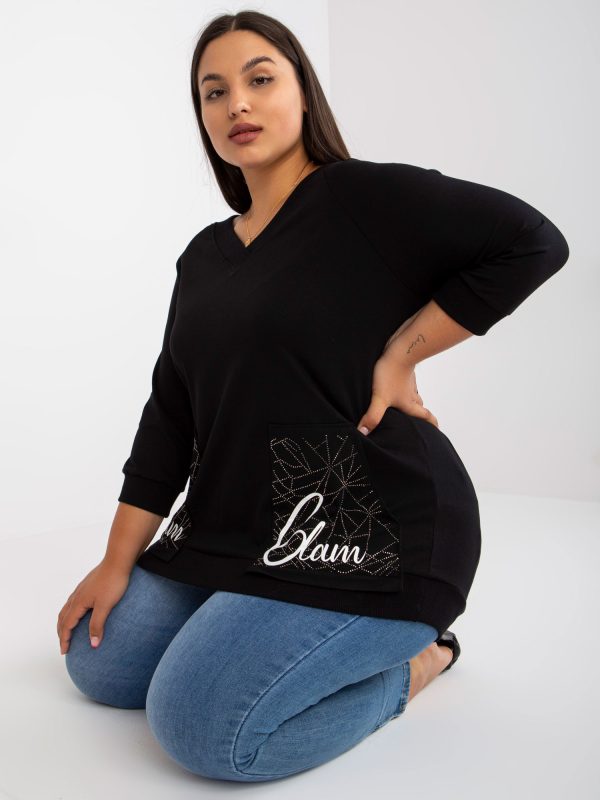 Großhandel Schwarze Plus -Size-Baumwollbluse mit Taschen