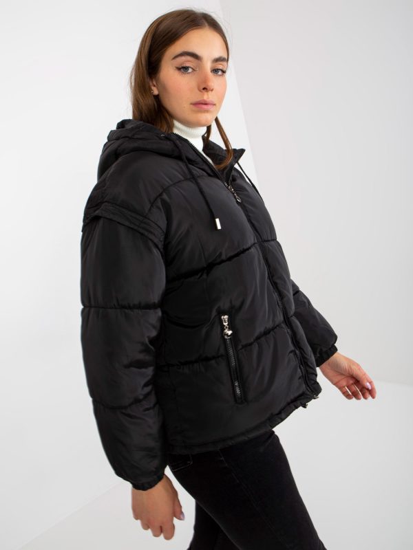 Großhandel Schwarze gesteppte Winterjacke 2in1 mit Kapuze