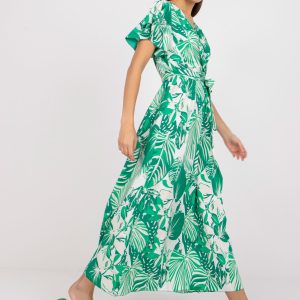 Großhandel Weiß-grünes Wickelkleid mit Prints und Einband