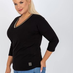 Großhandel Schwarz Plus -Size-Baumwollbluse mit V-Ausschnitt