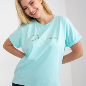 Großhandel Mintfarbenes T-Shirt aus Baumwolle in Übergröße mit Schrift