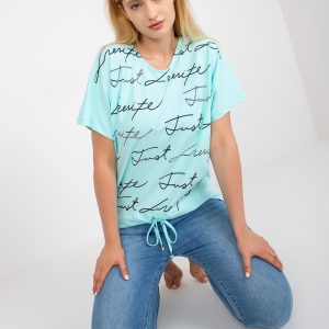 Großhandel Mintfarbenes T-Shirt in Übergröße mit Strass-Applikation