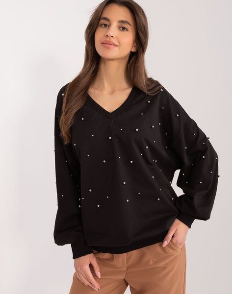 Schwarzes, perlenbesetztes Kapuzen-Sweatshirt mit V-Ausschnitt