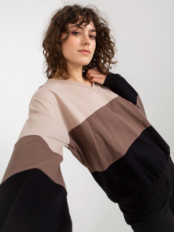 Didmeninė prekyba smėlio ir juodos spalvos moteriškas megztinis su V formos kaklu RUE PARIS