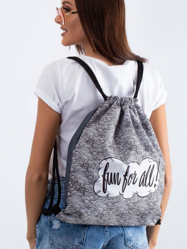 Gray backpack bag with lettering