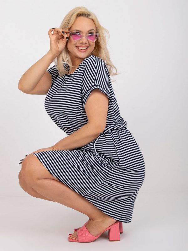 White and navy blue plus size basic striped dress