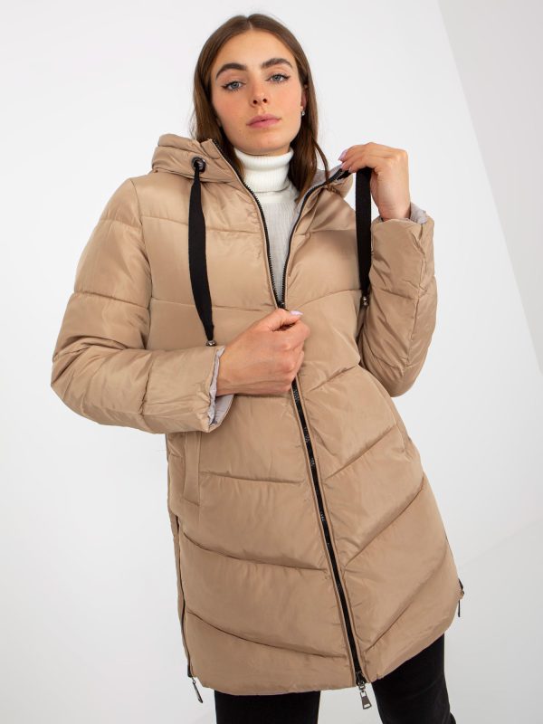 Wholesale Camel beige double-sided winter jacket with hood