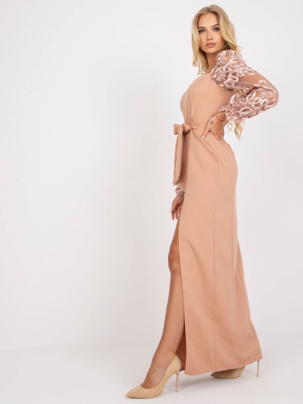 Wholesale Beige maxi evening dress with decorative sleeves