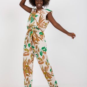 Wholesale Beige and green linen print jumpsuit