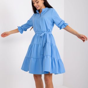 Wholesale Blue flared dress with flounce and belt
