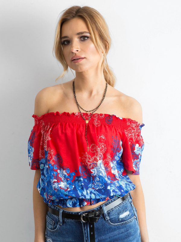 Wholesale Blue and red patterned spanish blouse