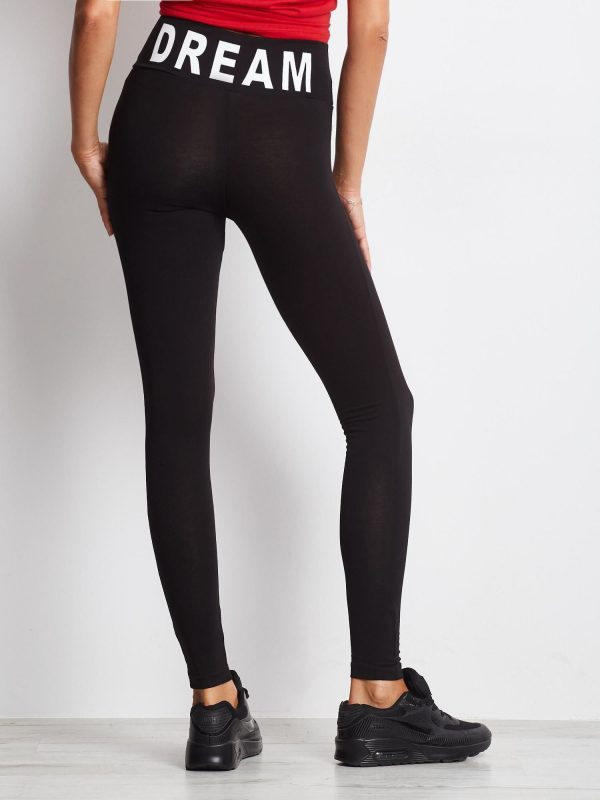 Wholesale Black women's leggings with wide rubber waist and lettering on the back