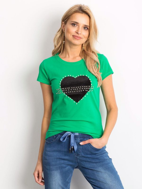 Wholesale Green t-shirt with velvet heart and pearls
