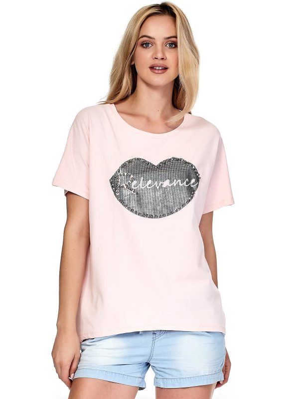Wholesale Pale pink t-shirt with lip motif