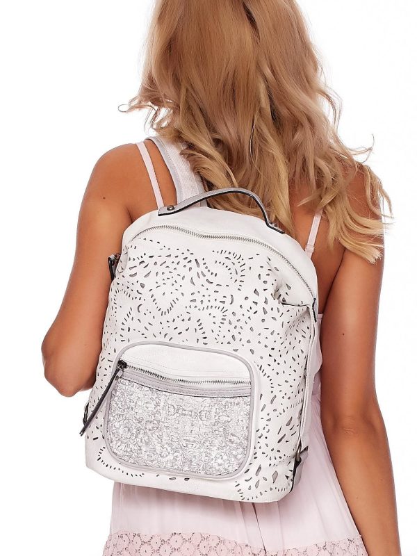Wholesale Ecru eco leather women's backpack with openwork and braid