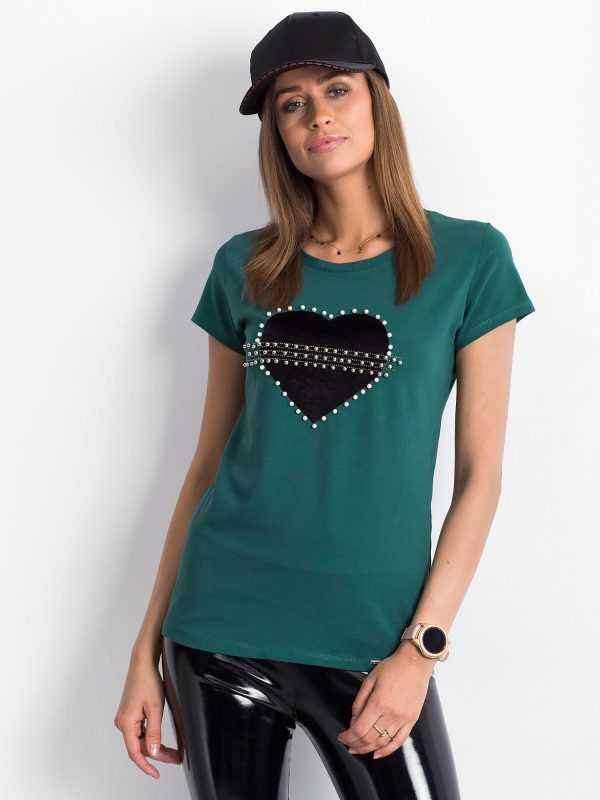 Wholesale Dark green t-shirt with velvet heart and pearls
