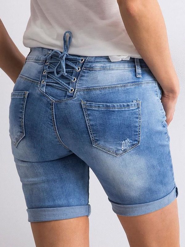 Wholesale Denim shorts with lacing blue