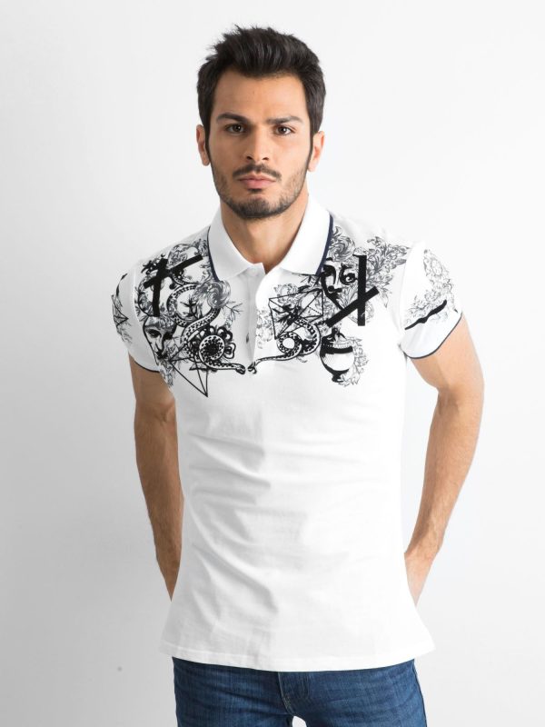 Wholesale White Men's Patterned Polo Shirt