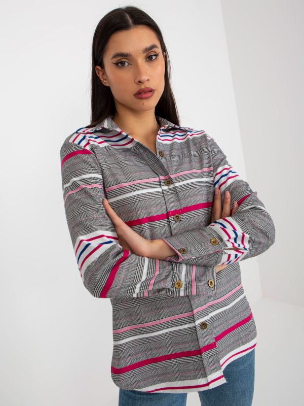 Wholesale White and Pink Women's Plaid and Striped Shirt