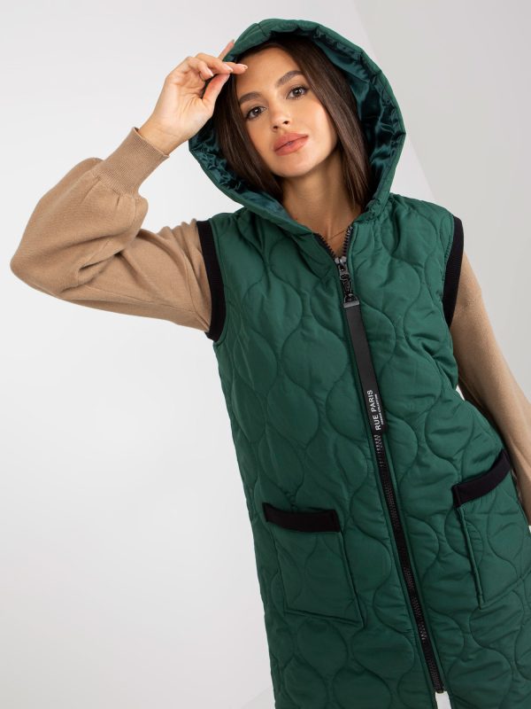 Wholesale Dark green long quilted vest with hood RUE PARIS