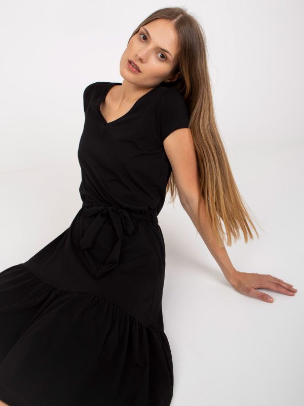 Wholesale Black basic cotton dress with tie RUE PARIS