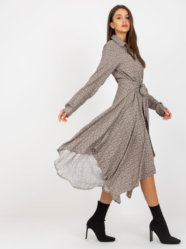 Wholesale Brown asymmetrical dress with prints and belt RUE PARIS