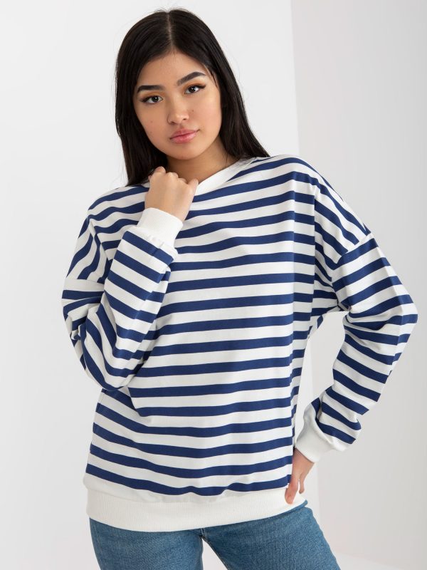 Wholesale Ecru-dark blue women's basic striped sweatshirt RUE PARIS