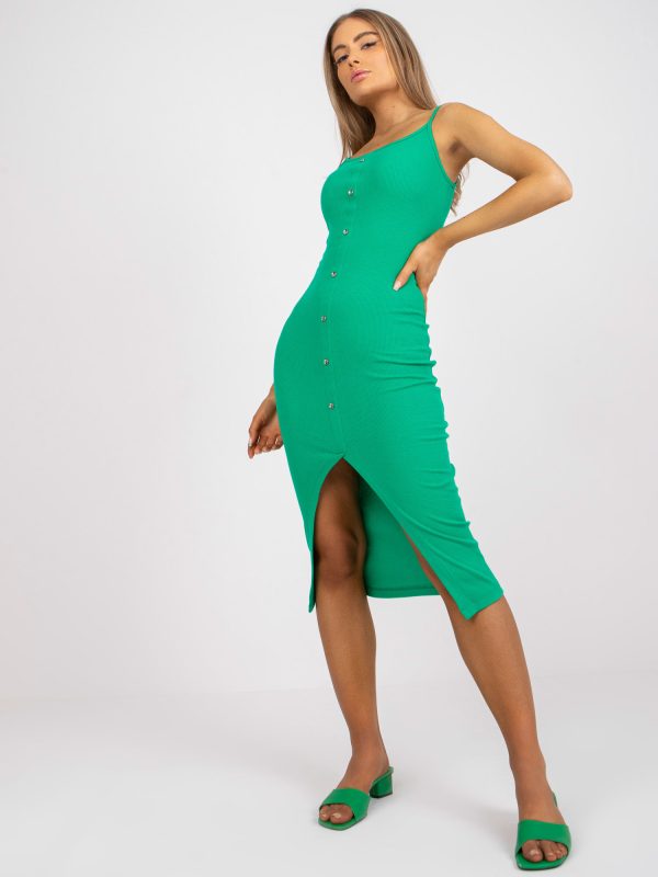 Wholesale Green ribbed dress with slit RUE PARIS