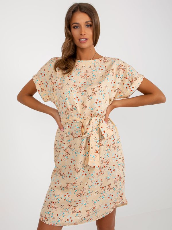 Wholesale Beige floral dress with belt RUE PARIS