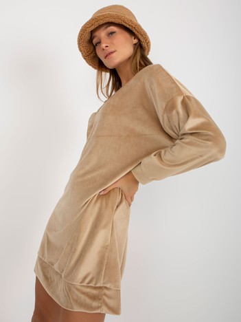 Beige V-Neck Loose Velour Dress RUE PARIS