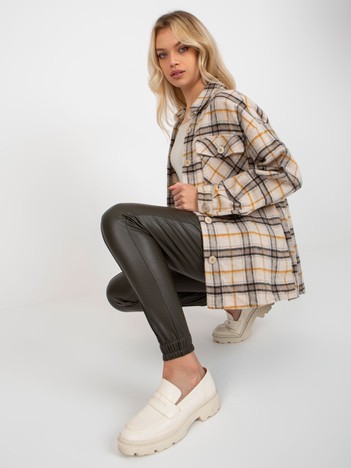 Beige Women's Warm Plaid Shirt With Pockets