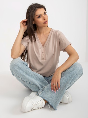 Beige cotton blouse basic with V-neck