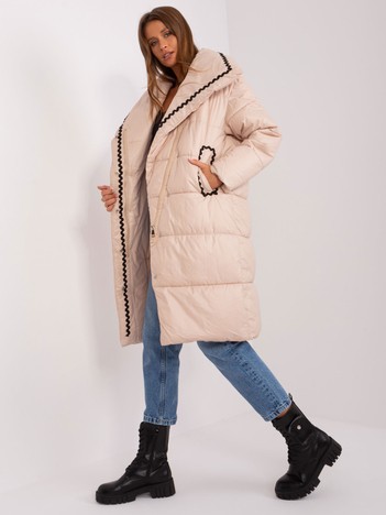 Beige down winter jacket without hood