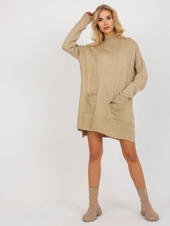 Beige long oversize sweater with half turtleneck and pockets