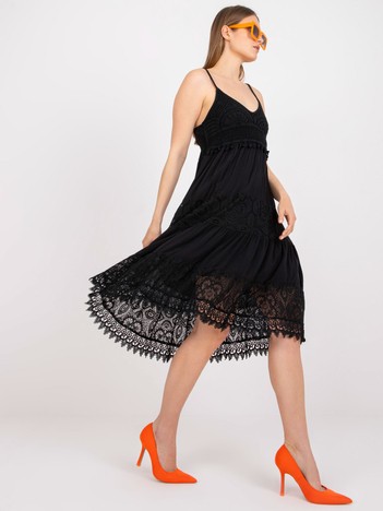 Black Flared Shoulder Dress with Lace OCH BELLA