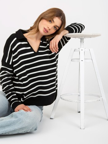 Black and white striped oversize jumper with collar