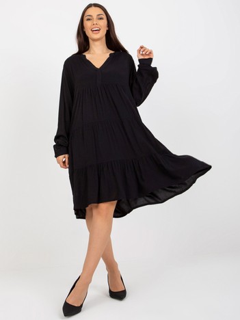 Black boho dress with frill and V-neck SUBLEVEL