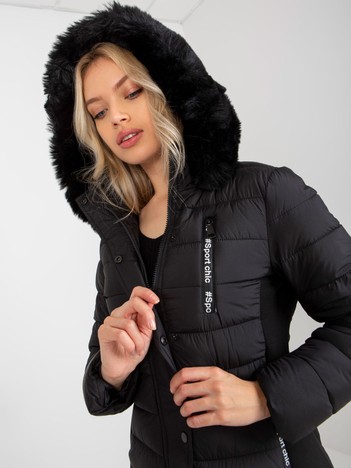 Black quilted transition jacket with fur on hood