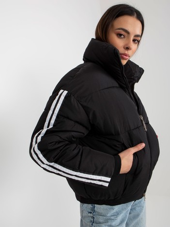 Black quilted winter jacket with stripes