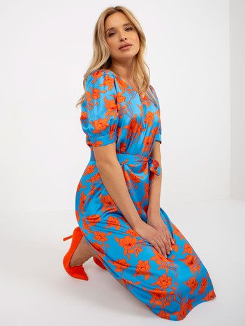 Blue and orange midi floral cocktail dress