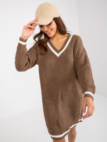 Brown Loose V Neck Knitted Dress RUE PARIS