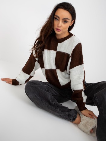 Brown and White Loose Classic Sweater with Round Neck