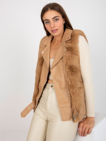 Camel Beige Women's Eco Leather Vest with Fur