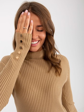 Camel ribbed sweater with stand-up collar